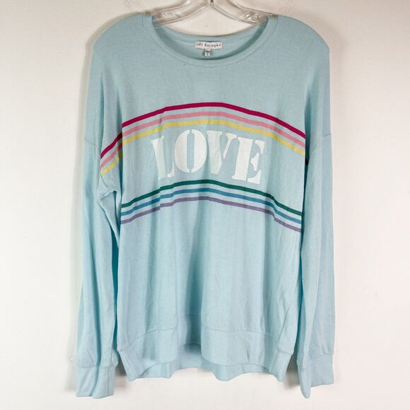 PJ Salvage NWT Women's Rainbow Striped Love Crew Neck Aqua Sweatshirt L - Picture 2 of 5